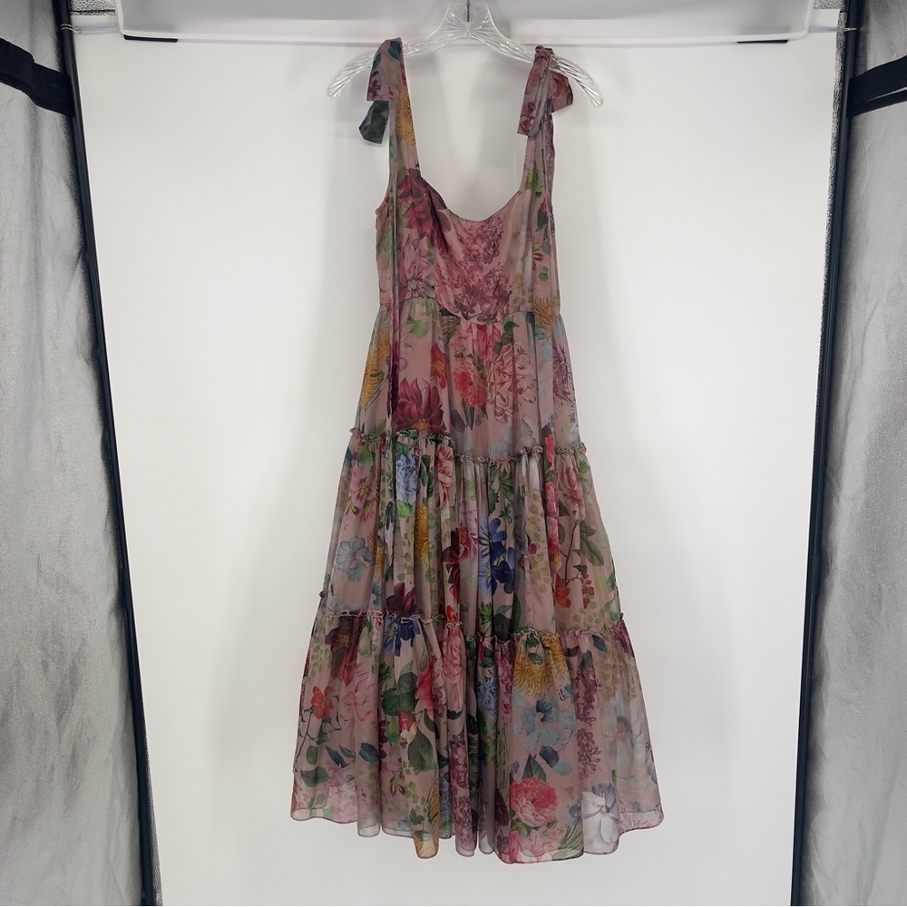 Geisha Designs Isabella Pink Floral Bow Shoulder Tiered Formal Midi Dress Gown 2